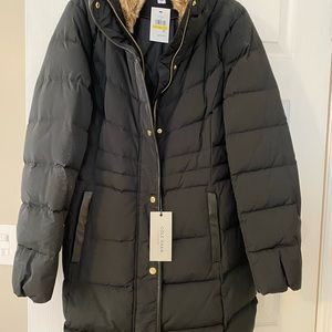 Cole Hann NEW Black Puffer Coat Fur Trim w/hidden hood Medium